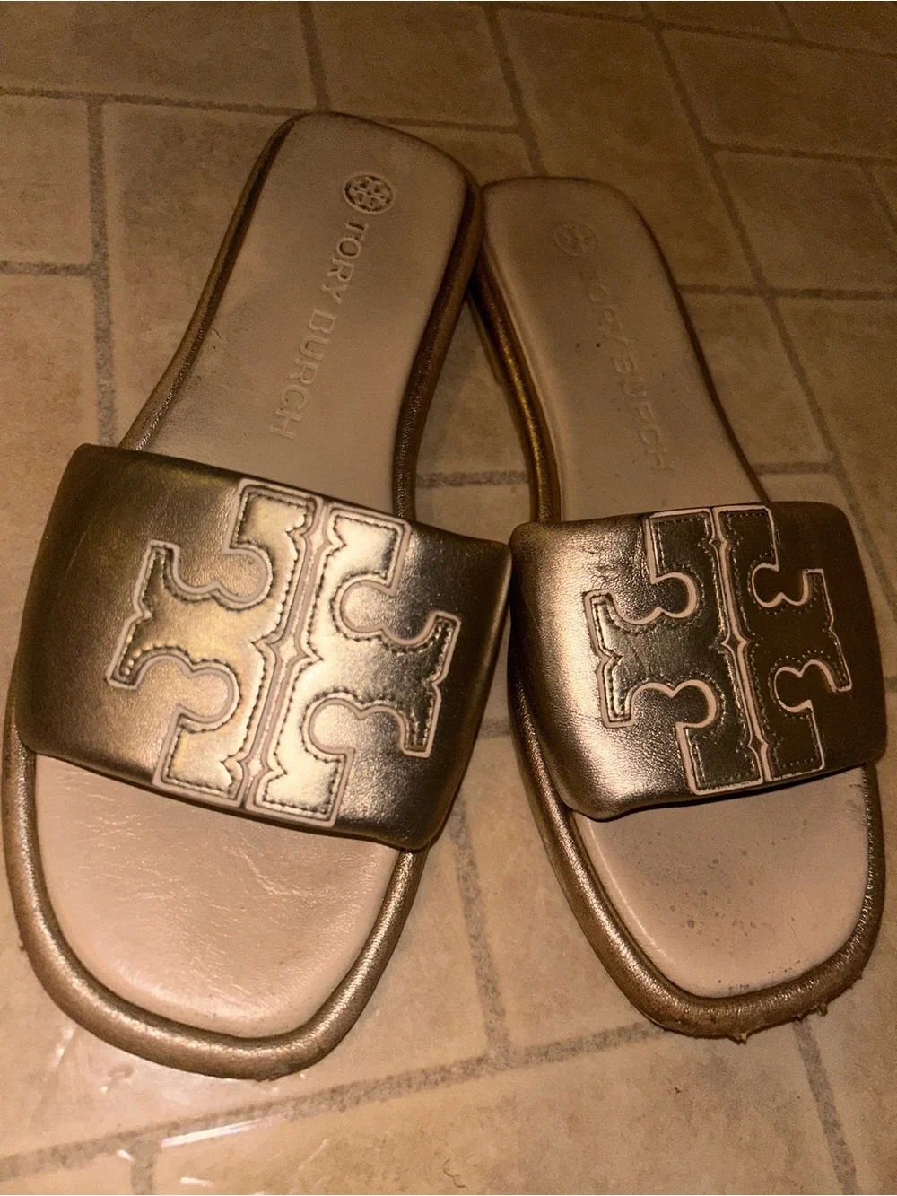Tory Burch Metallic Gold Leather Slide Mules
